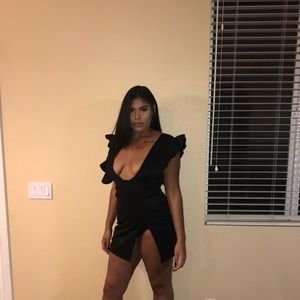 Black Plunge Frill Dress with high slit